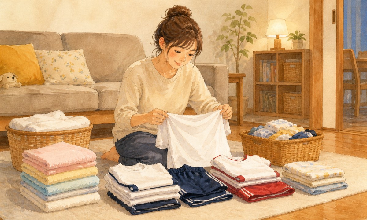 洗濯物をたたみながら子ども別に分けている母親のイラスト