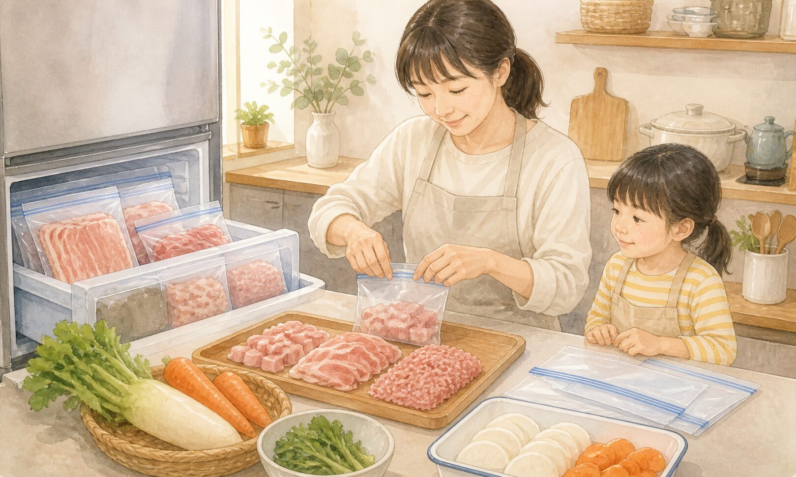 安い時に買ったお肉を小分けして冷凍保存しているキッチンのイラスト