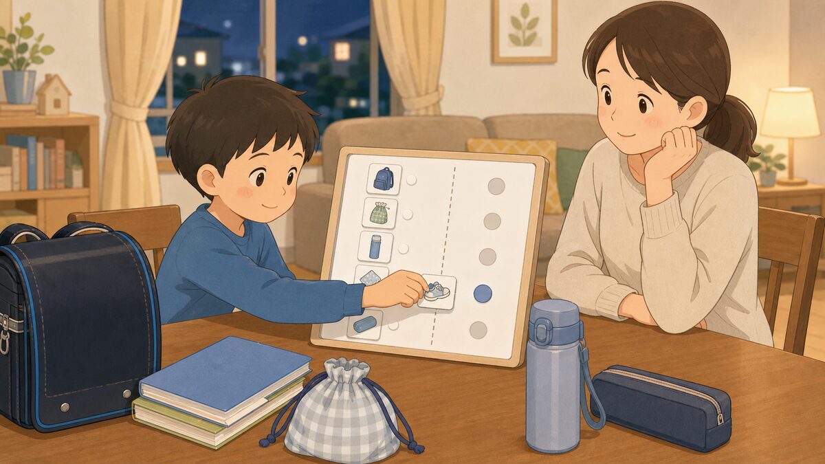小学生の子どもがまだとできたを分けるボードで持ち物を確認しているイラスト
