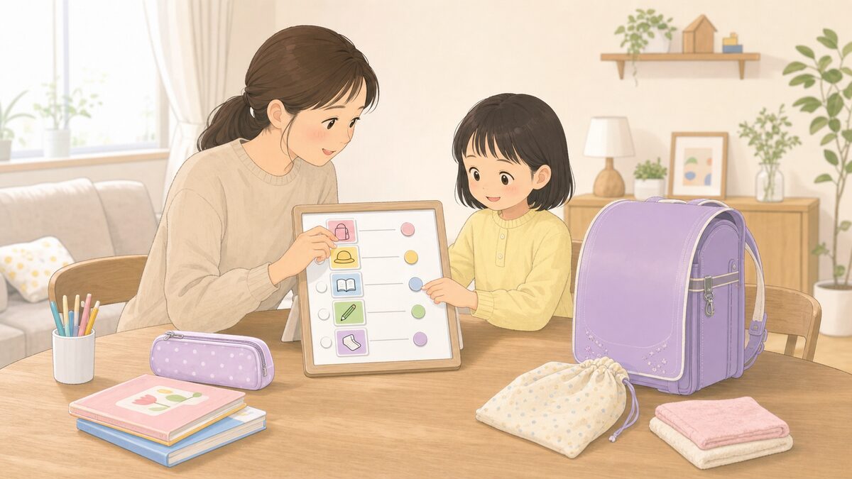 親子でホワイトボードとマグネットを使って小学生のお支度ボードを作っているイラスト
