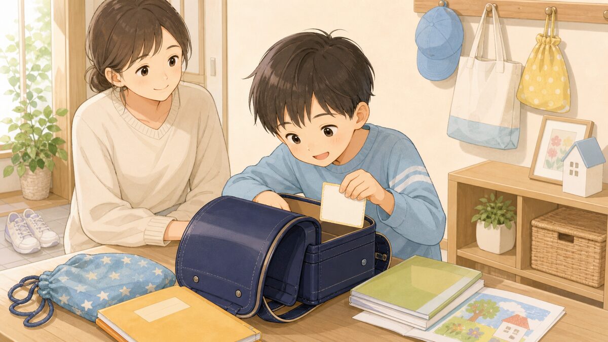 ランドセルの近くで小さなメモを見ながら持ち帰るものを確認している親子のイラスト