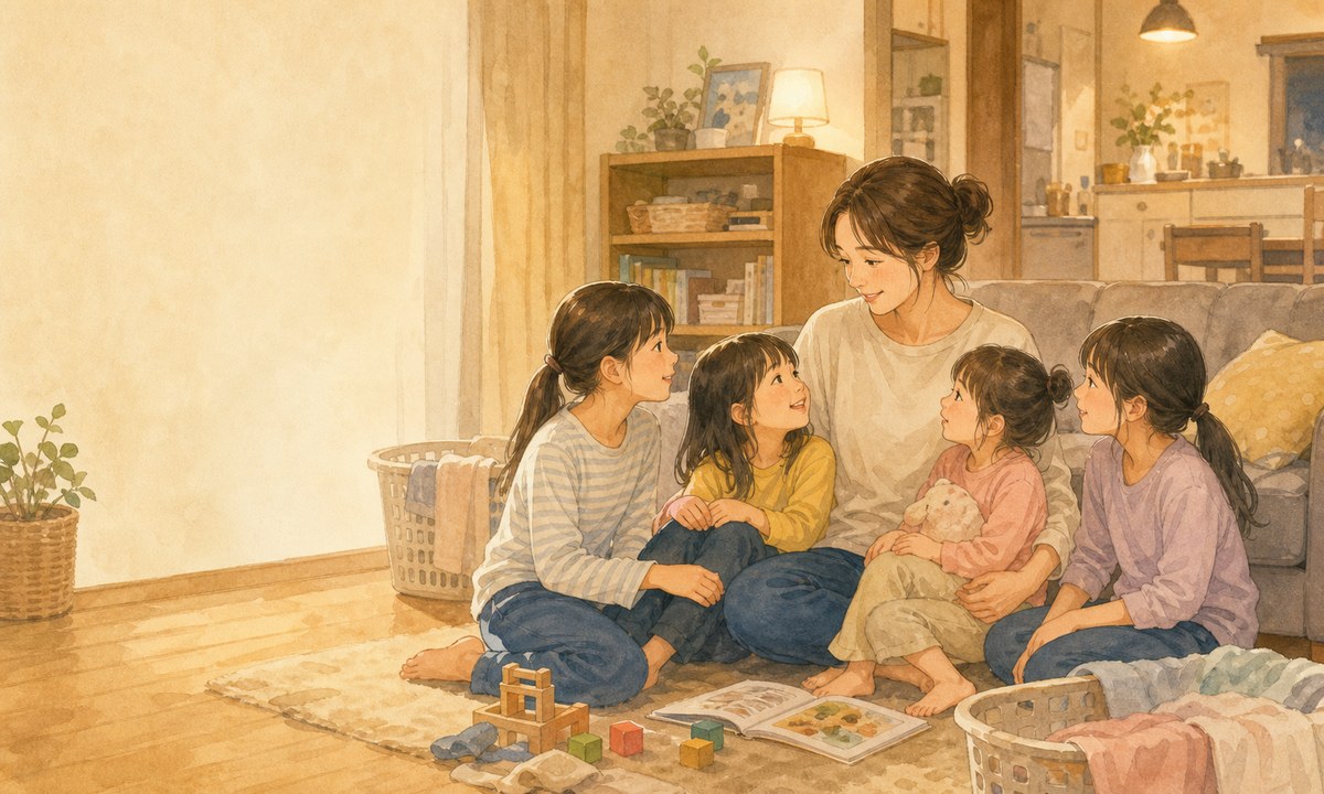 完璧な家事より子どもとの時間を選ぶ母親と4人の子どものイラスト