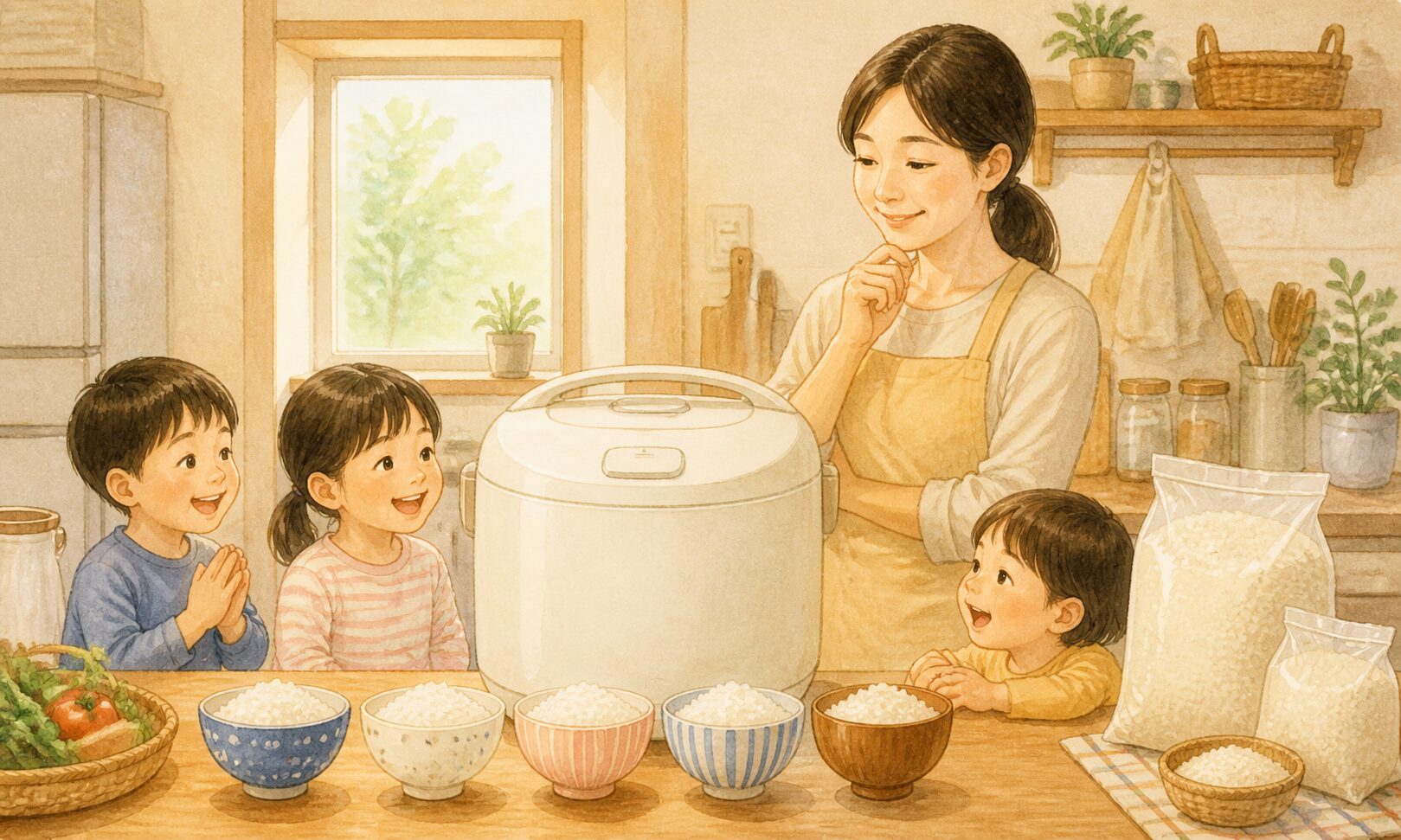 一升炊きの炊飯ジャーと家族分のごはんを並べているキッチンのイラスト