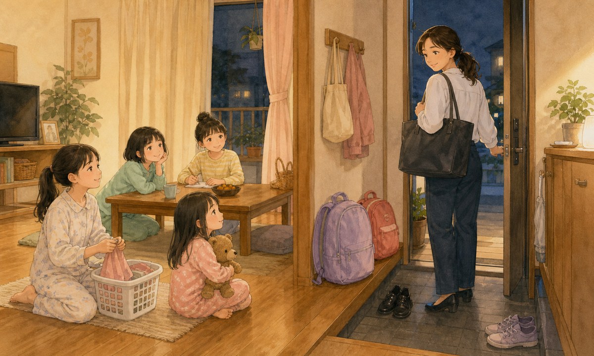 夜の仕事へ向かう前に子どもたちを見守る母親のイラスト