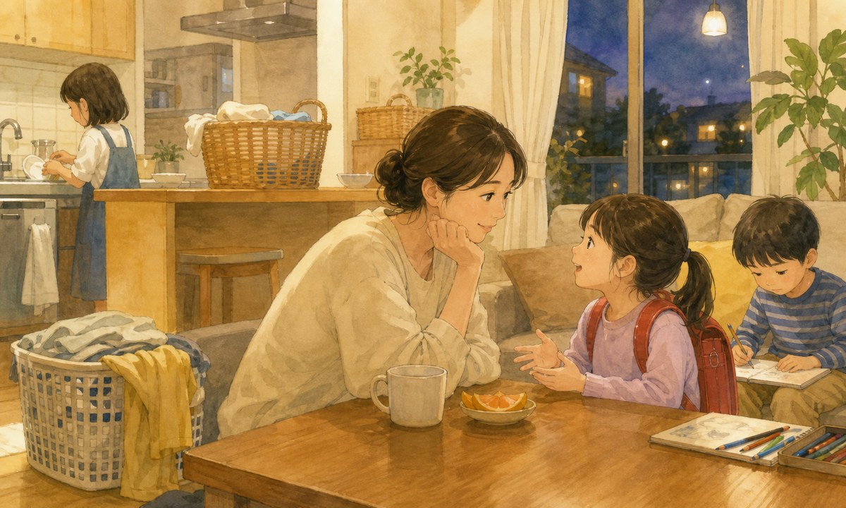 家事が残っていても子どもの話を聞く母親のイラスト