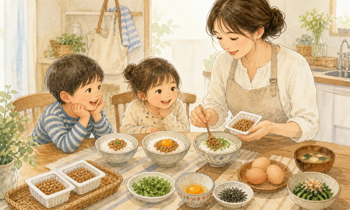 納豆ごはんをアレンジして子どもたちに出している食卓のイラスト