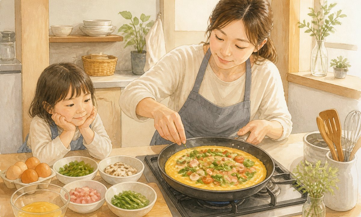冷蔵庫の残り食材でオープンオムレツを作っている夕方のキッチンのイラスト