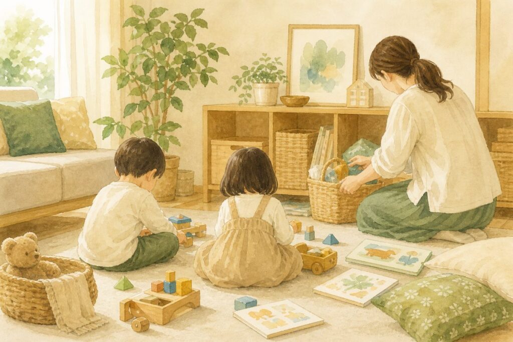 子どもたちがおもちゃで遊ぶリビングをやさしく描いたイラスト