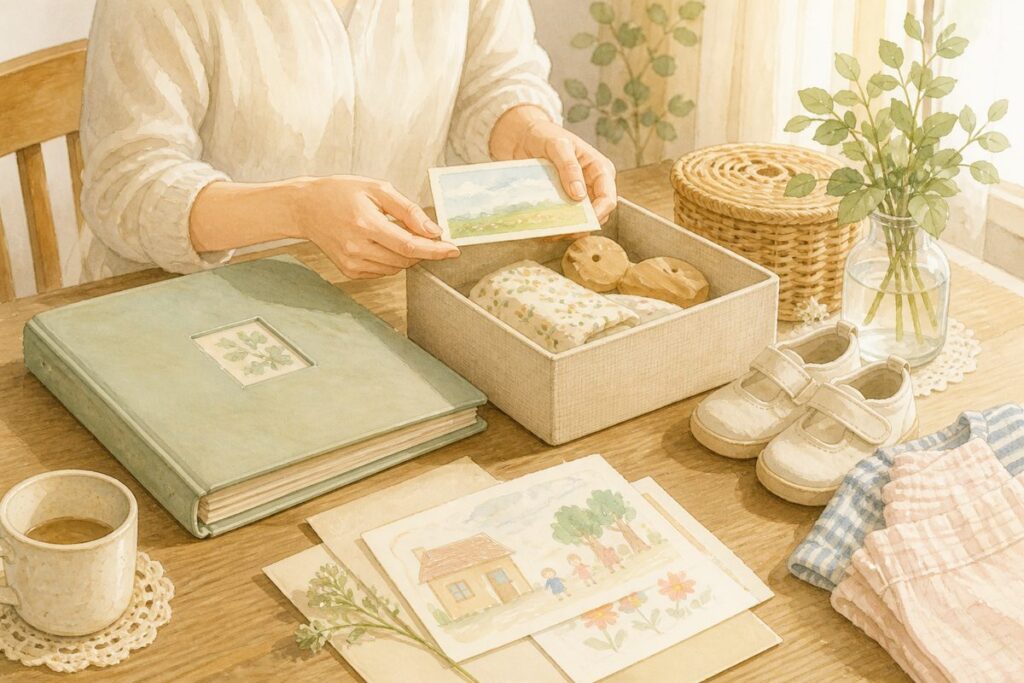 子どもとの思い出を箱とアルバムに残す様子のイラスト