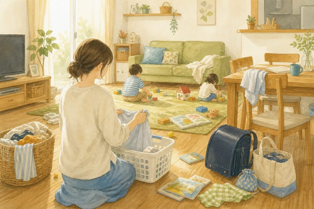 子育て中のリビングで洗濯物やおもちゃがある暮らしのイラスト