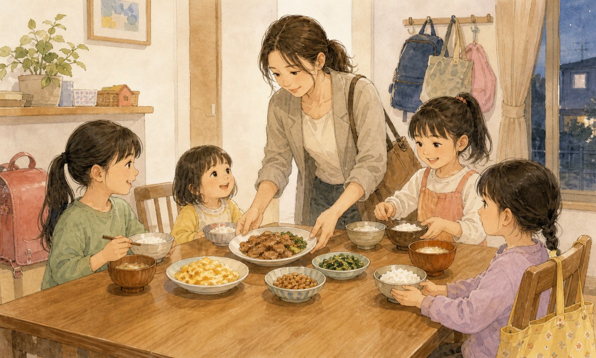 夜の仕事前に子どもたちへ急いで夕食を出す母親のイラスト