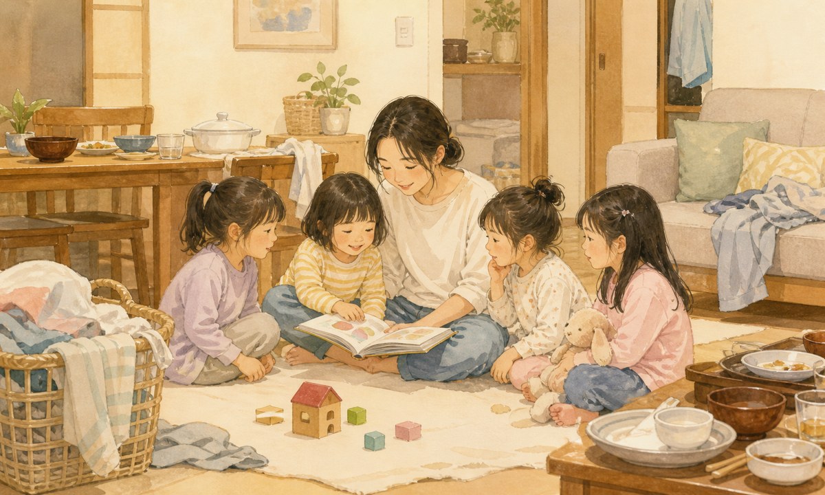 家事をゆるめて親子で過ごす時間を大切にしている家族のイラスト
