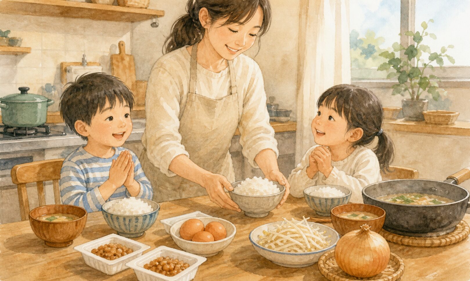 お米と卵と納豆がある食卓で子どもたちにごはんを出しているイラスト