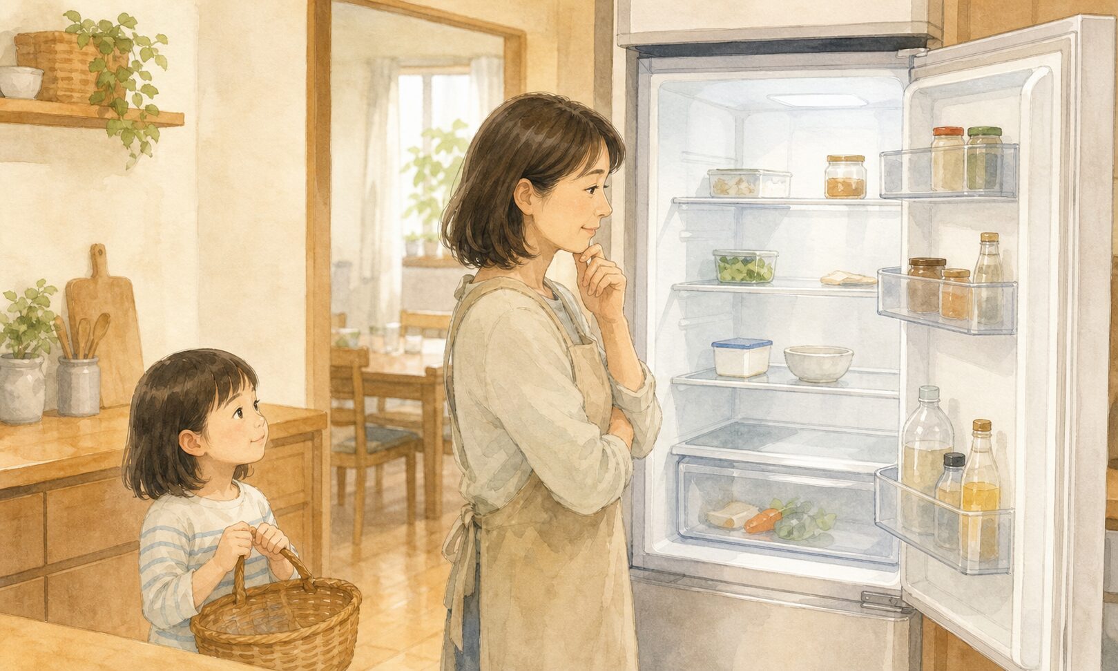 冷蔵庫が寂しくなってきたタイミングで買い物を考える母のイラスト