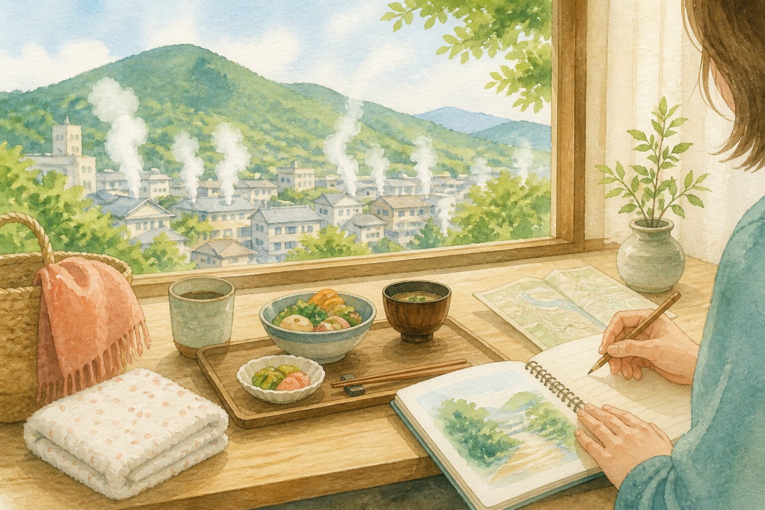 別府の日帰り温泉とランチを楽しむ旅行メモのイラスト