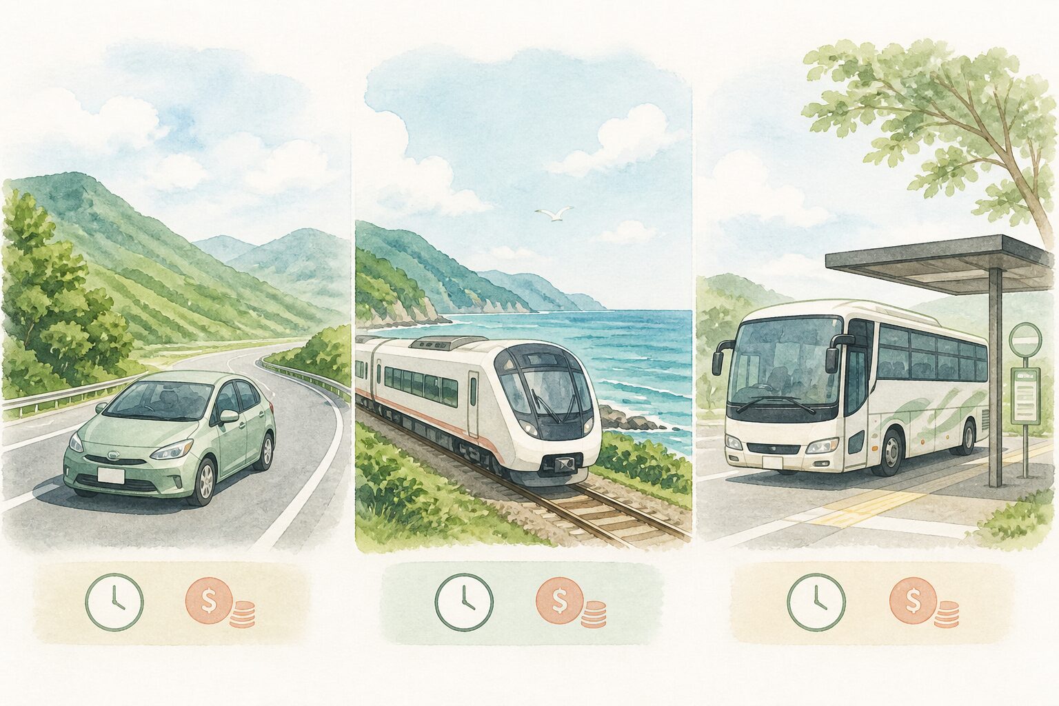 福岡から別府へ行く車・電車・高速バスを比べるイラスト