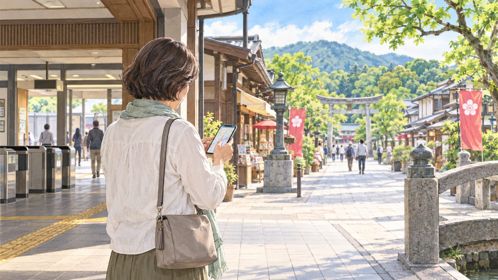 太宰府駅近くでスマートフォンの道順を確認する女性のイラスト