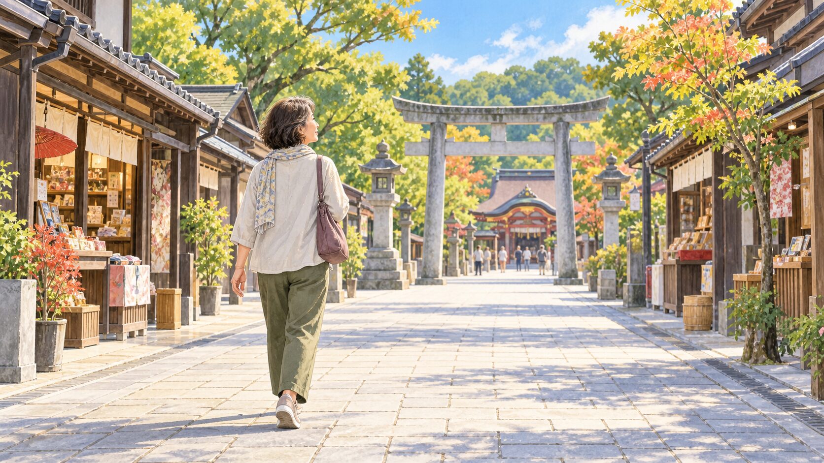 福岡から一人で太宰府の参道を歩く女性のイラスト