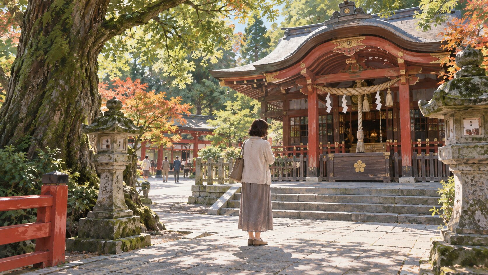緑に囲まれた神社で一人静かに参拝する女性のイラスト