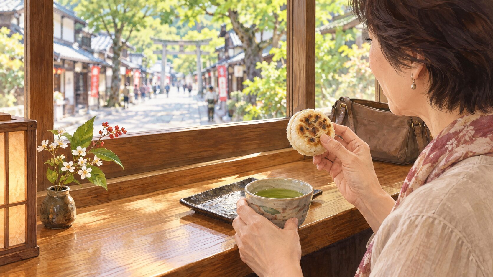 太宰府散歩の途中に梅ヶ枝餅とお茶で休憩する女性のイラスト