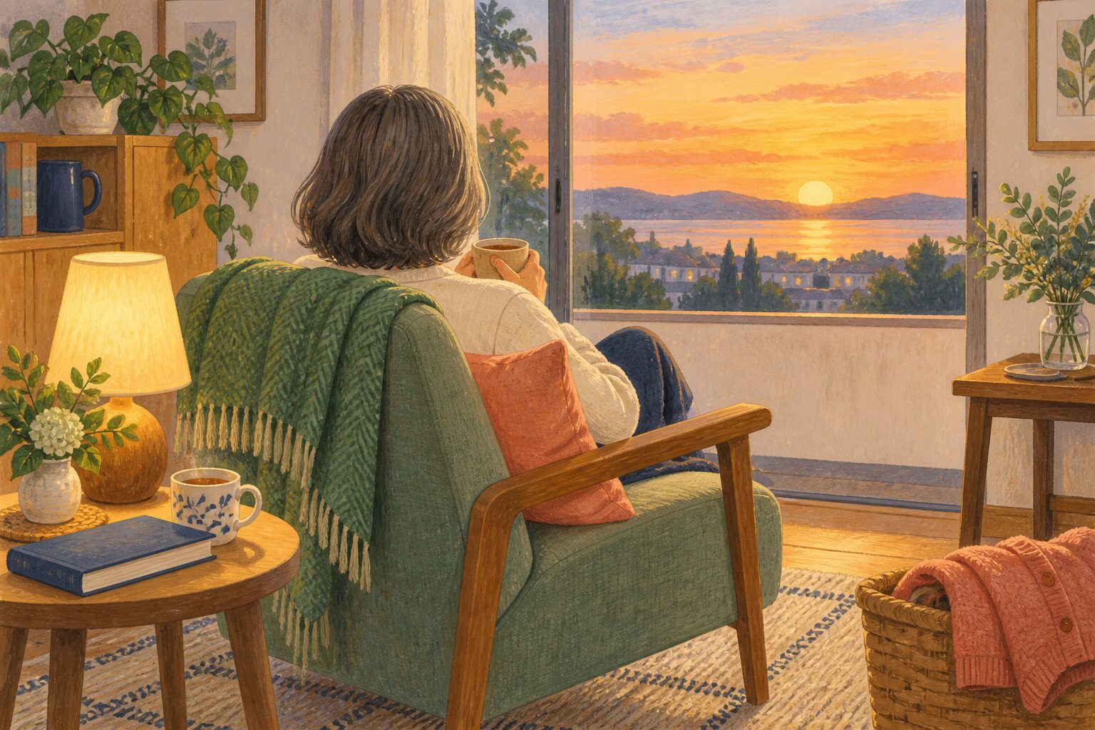 予定を詰めなかった休日の夕方に自宅でくつろぐ女性のイラスト