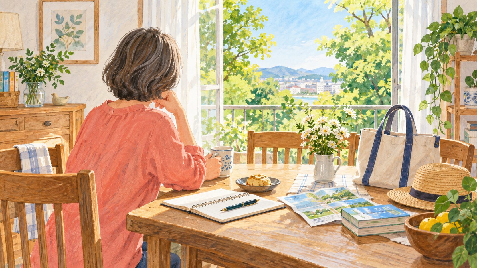 予定のない休日にお茶を飲みながら過ごし方を考える女性のイラスト