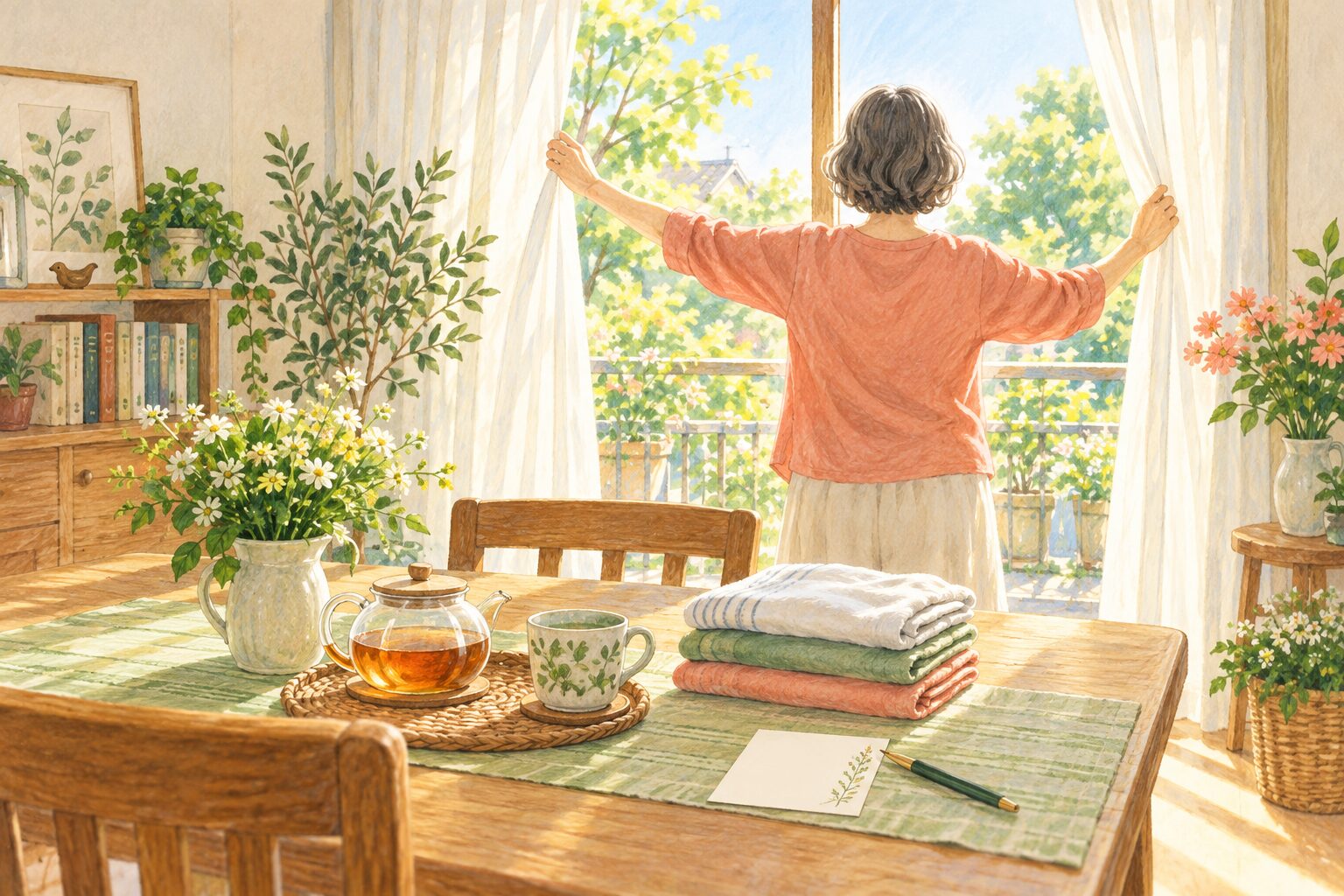子育て卒業後の休日の朝にカーテンを開ける女性のイラスト