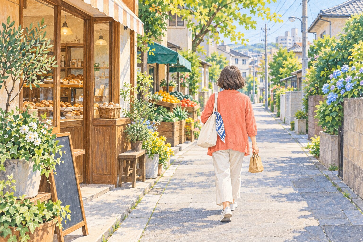 休日に近所を歩いて小さな買い物を楽しむ女性のイラスト