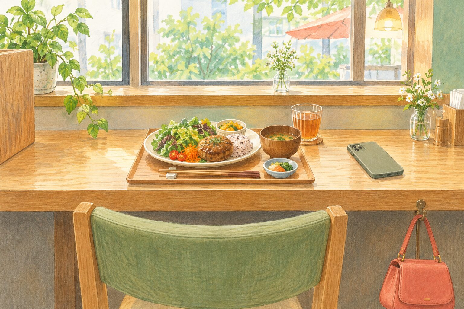 カウンター席に用意された一人ランチとバッグのイラスト
