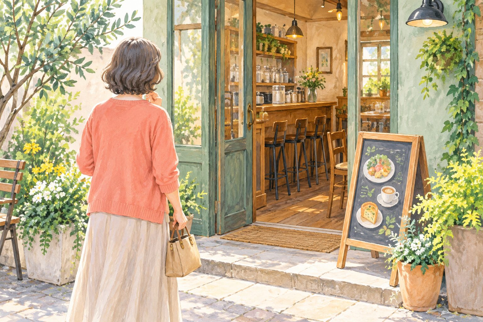 一人で入りやすいカウンター席のあるカフェを入口から見る女性のイラスト