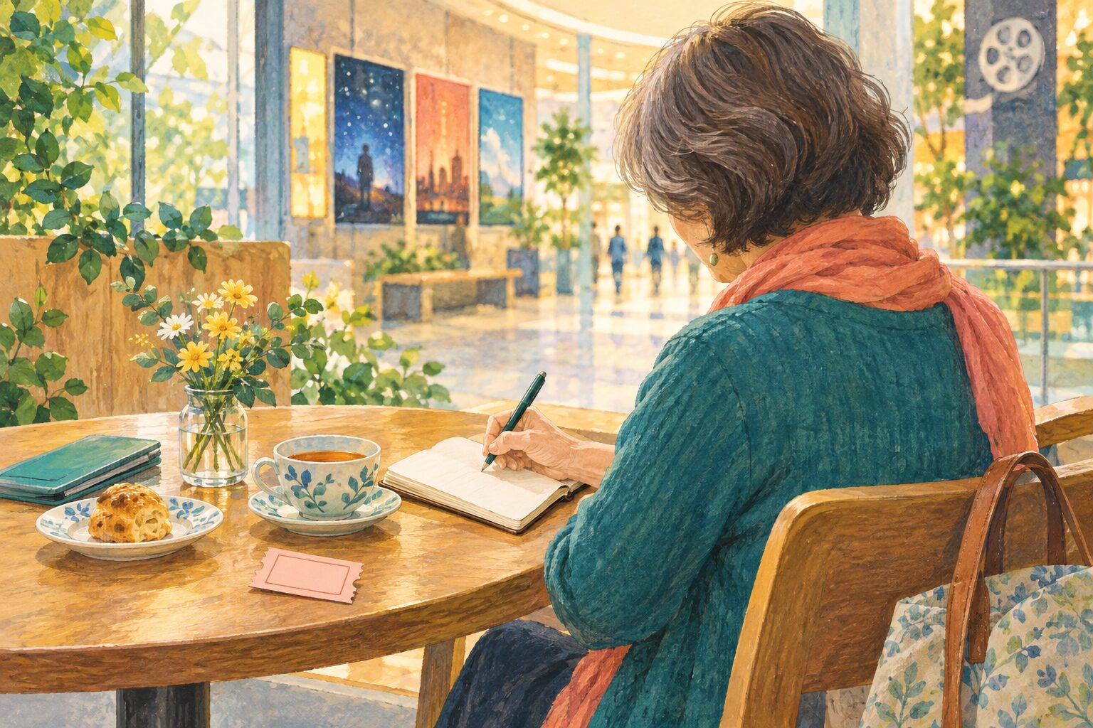 一人映画の後にお茶を飲みながら感想を書く女性のイラスト