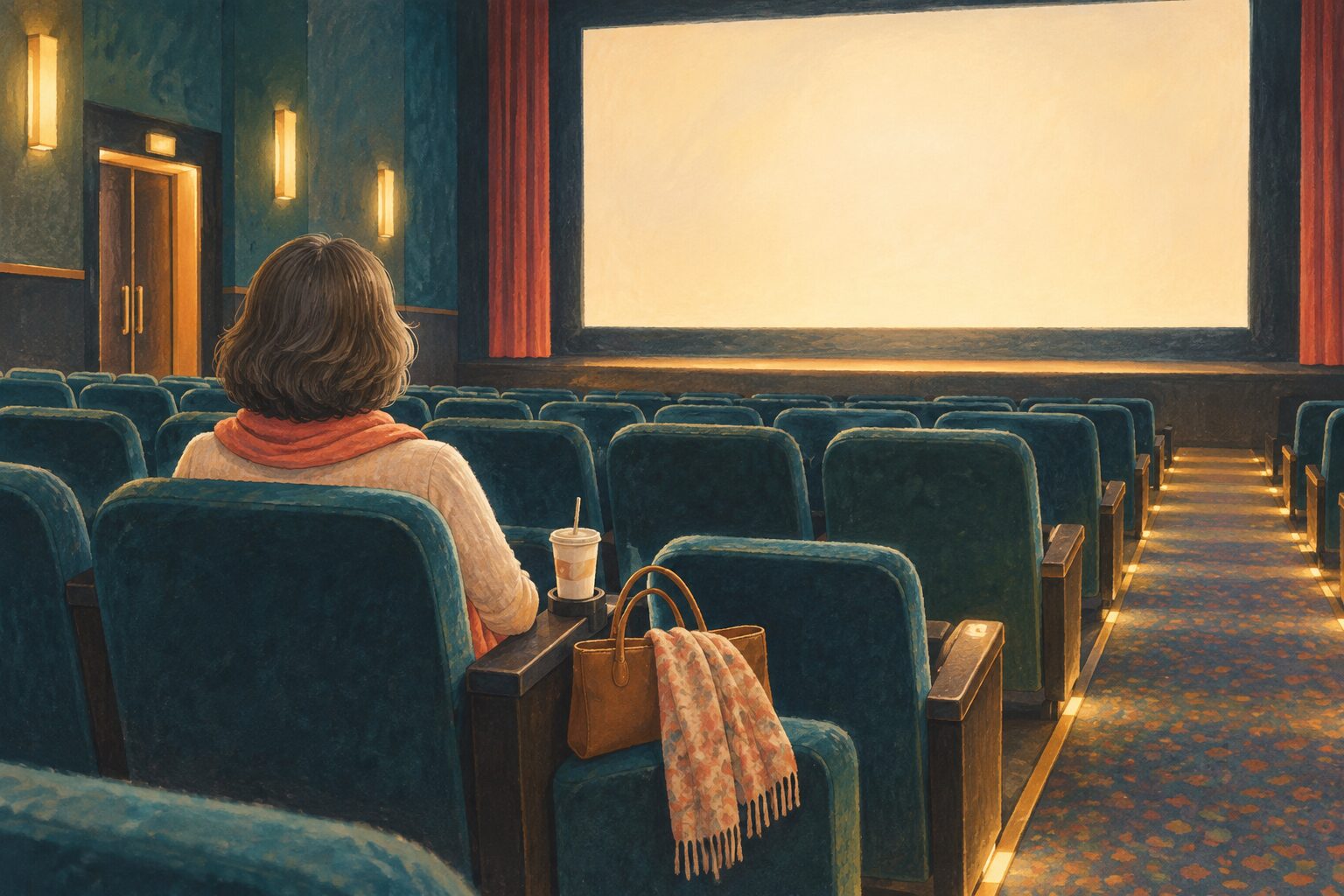 上映前の映画館で一人の席に座る女性のイラスト