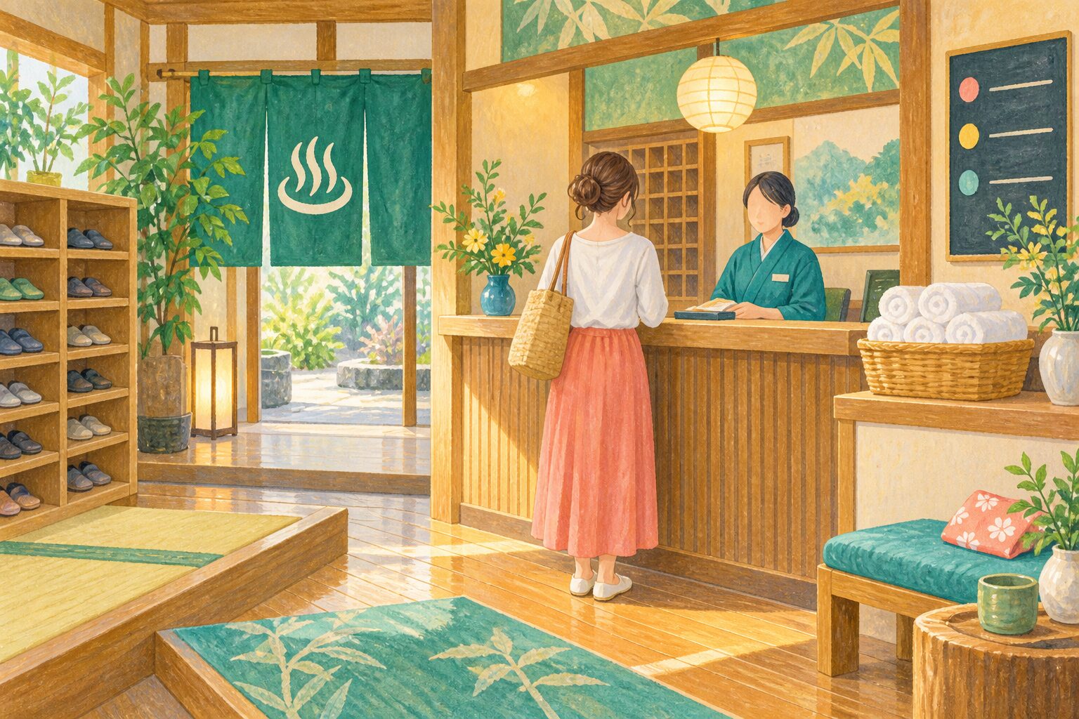 一人で日帰り温泉の受付をする女性のイラスト