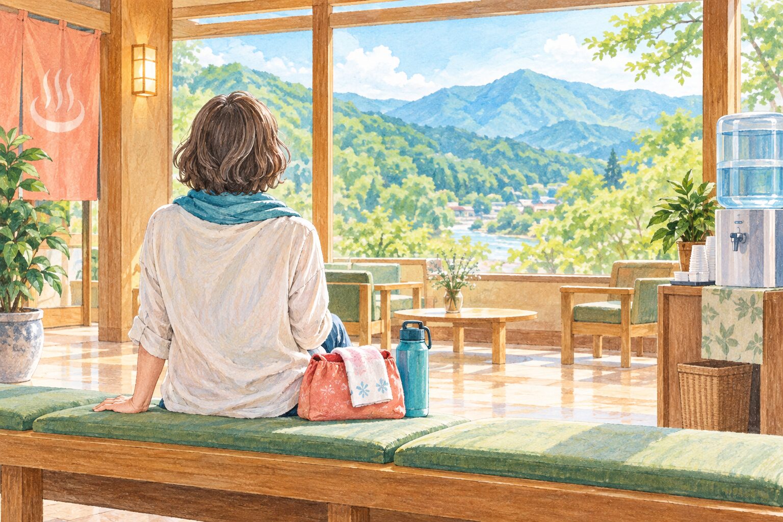 日帰り温泉のあと休憩所で水分をとりながら休む女性のイラスト