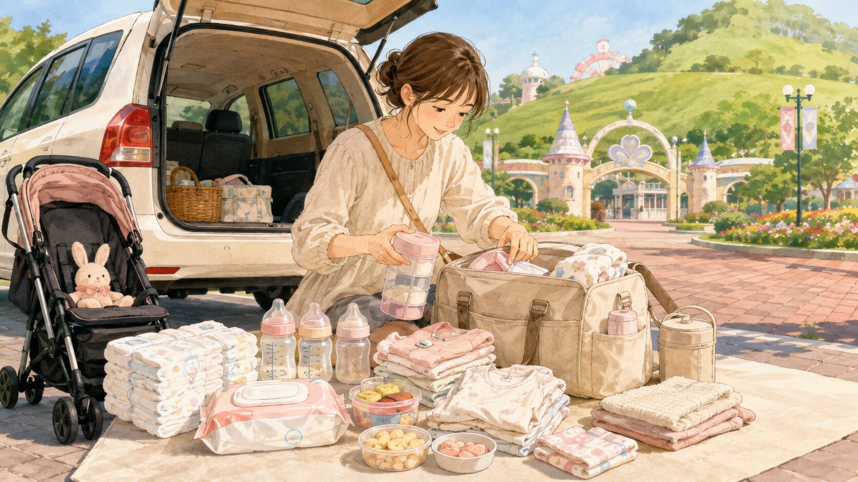 ハーモニーランドへ車で日帰りするため双子育児の荷物を準備する母親のイラスト