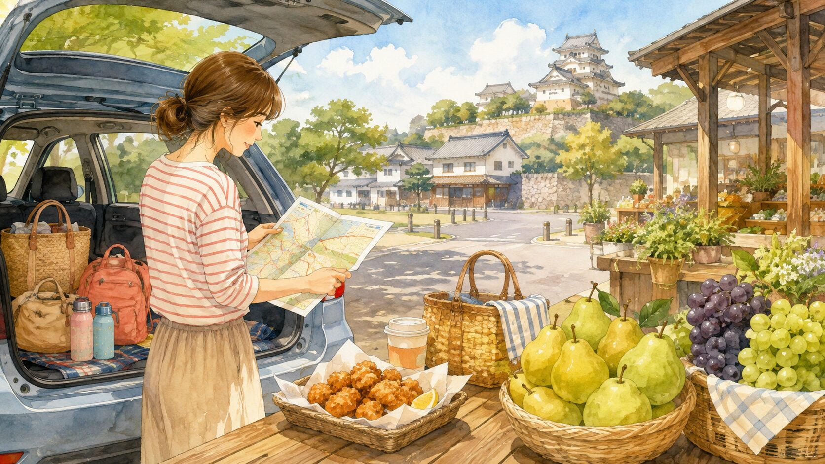 福岡から中津へ車で日帰りしからあげと果物を楽しむイラスト