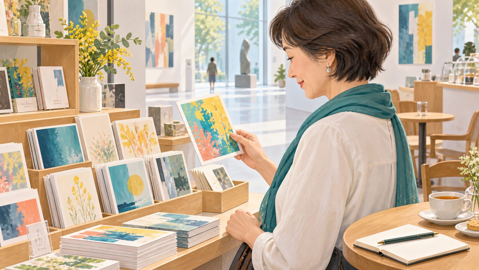美術館のショップで気に入ったポストカードを選ぶ女性のイラスト