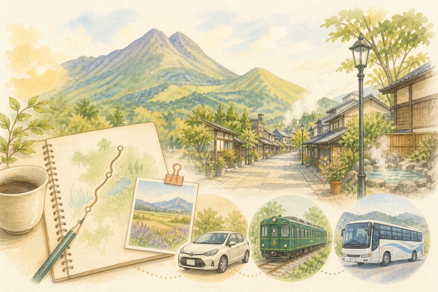 福岡から湯布院へ日帰りで行くために車・電車・高速バスを比べている旅行メモ風イラスト