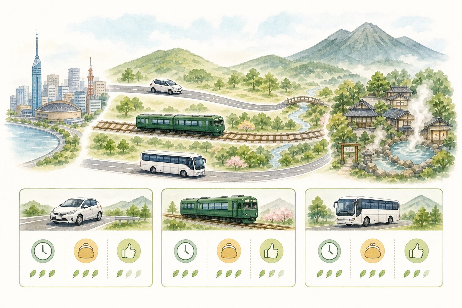 福岡から湯布院へ行く車・電車・高速バスを比べるイラスト