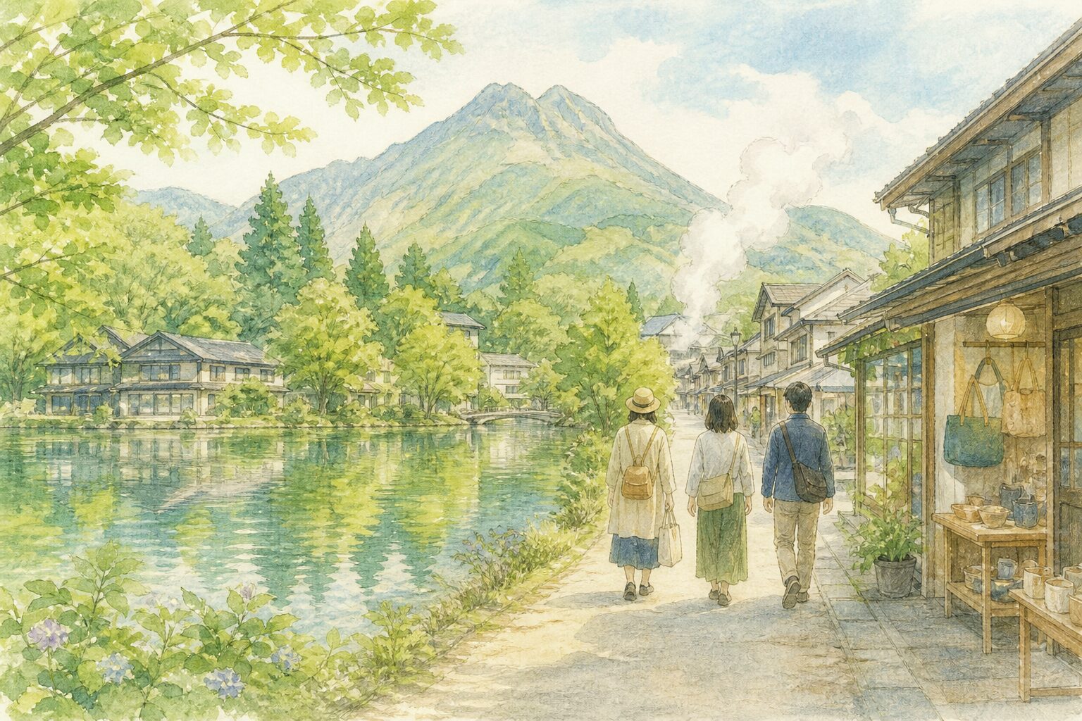 湯布院の金鱗湖周辺を散策して日帰り温泉を楽しむイラスト