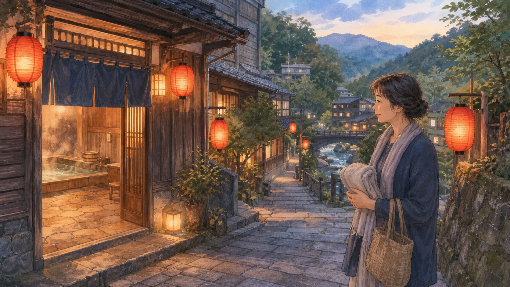 湯平温泉の石畳と赤提灯のある温泉街を歩く女性のイラスト